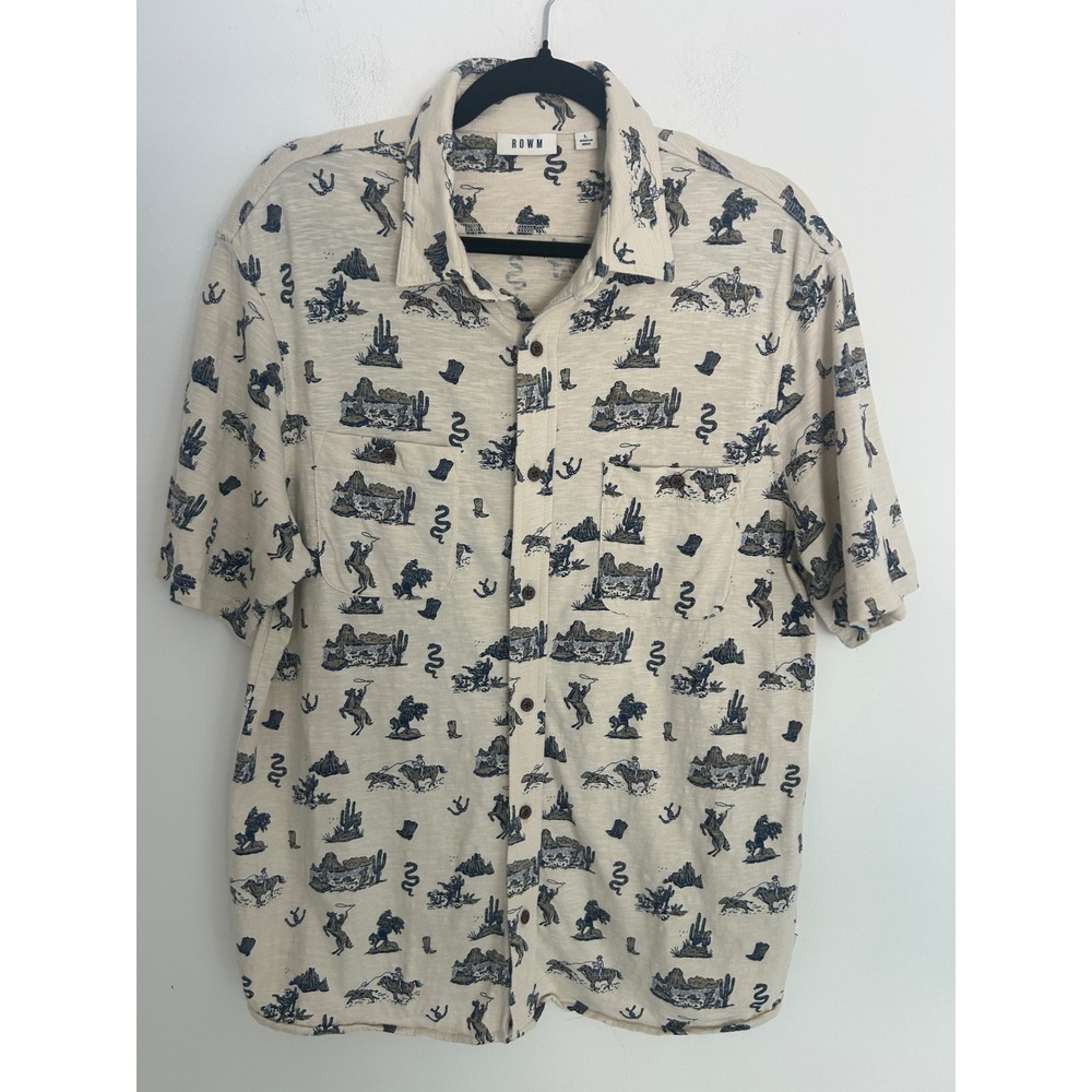 ROWM Mens Short Sleeve Button Down Shirt Cream Western Desert Cowboy Print L